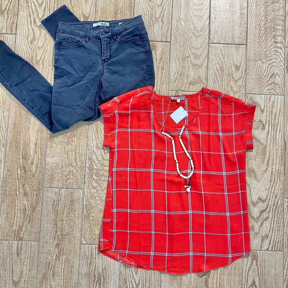 Pleione Red Plaid Short Sleeve Blouse